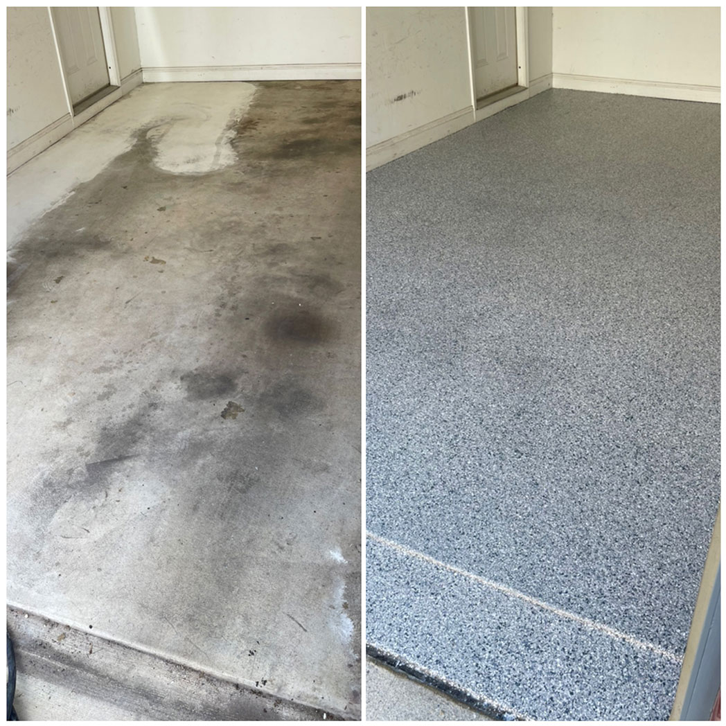 Epoxy flake flooring before and after in Philadelphia garage
