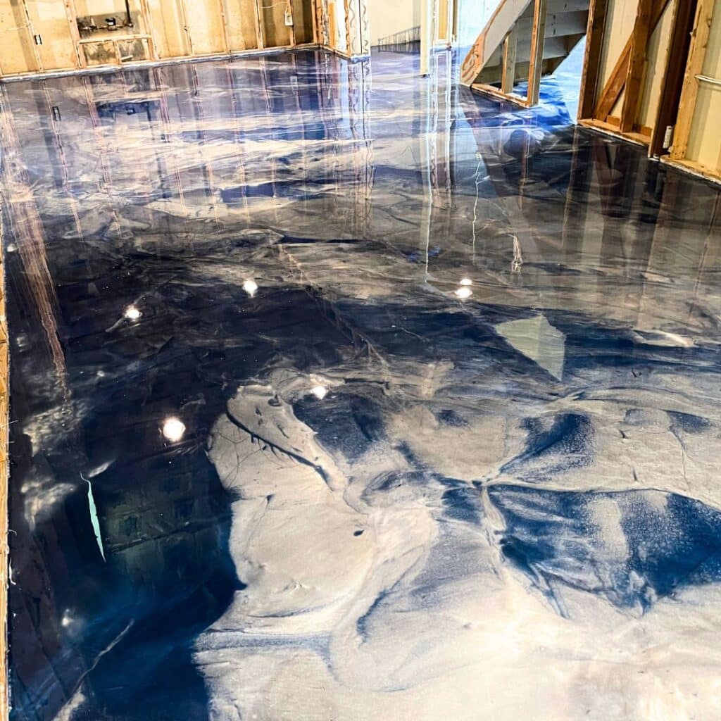 blue white metallic epoxy basement